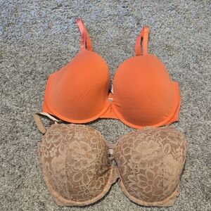 Victoria's Secret Vibrant Orange and Lace Tan Bra Duo